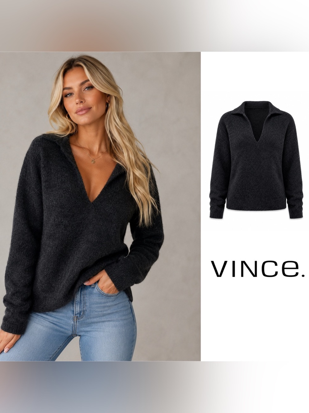 NEW Vince Charcoal Black V-Neck Plush Sweater